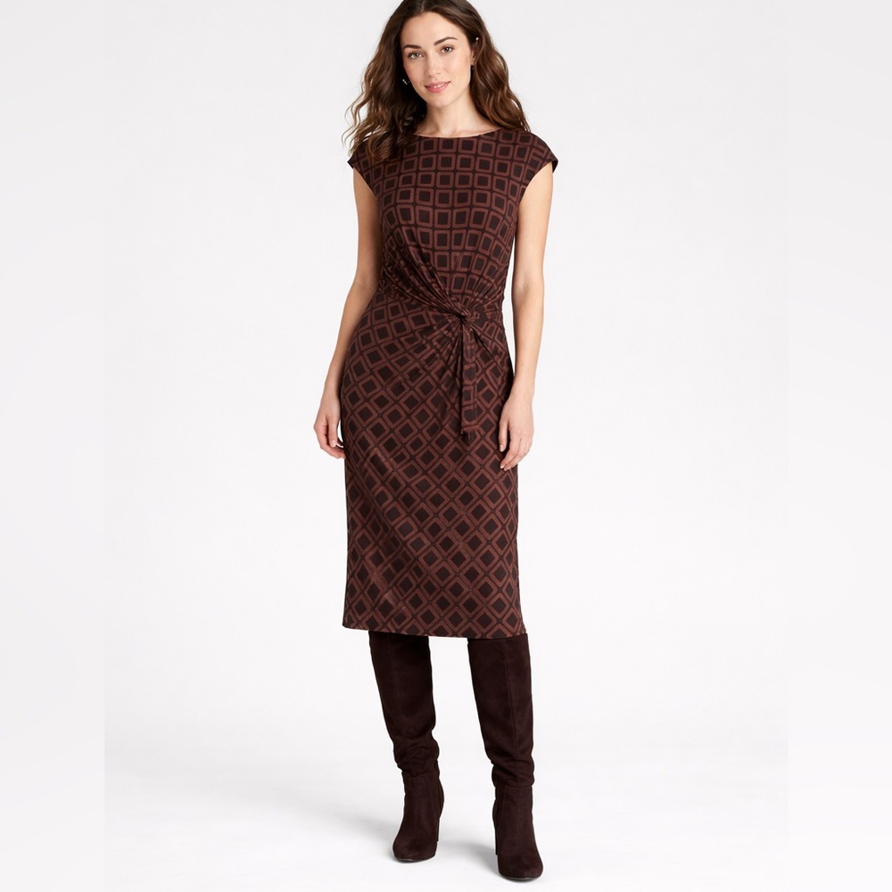 Lauren Ralph Lauren Dress Size 8 Brown Black Geometric Knot Sheath Stretch Midi - Picture 1 of 13